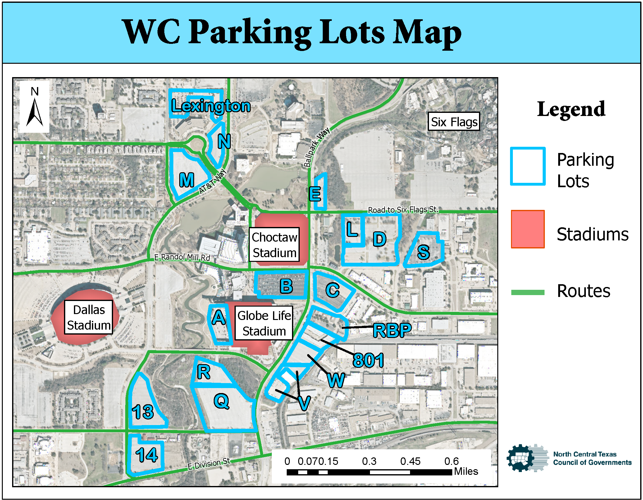 A regional traffic map detailing parking zones designated A through S for the Dallas stadium and Globe Life stadium area. The map includes major roadways such as N. Collins Street, E. Randol Mill Road, and Nolan Ryan Expressway. Parking zones are color-coded blue and outlined, with specific facilities labeled including the Choctaw Stadium, and designated lettered zones (e.g., A, B, C, D, E, L, M, N, Q, R, S,V, W, 801,RBP, and Lexington). The map includes a directional compass pointing north and a scale bar representing 0.6 miles.