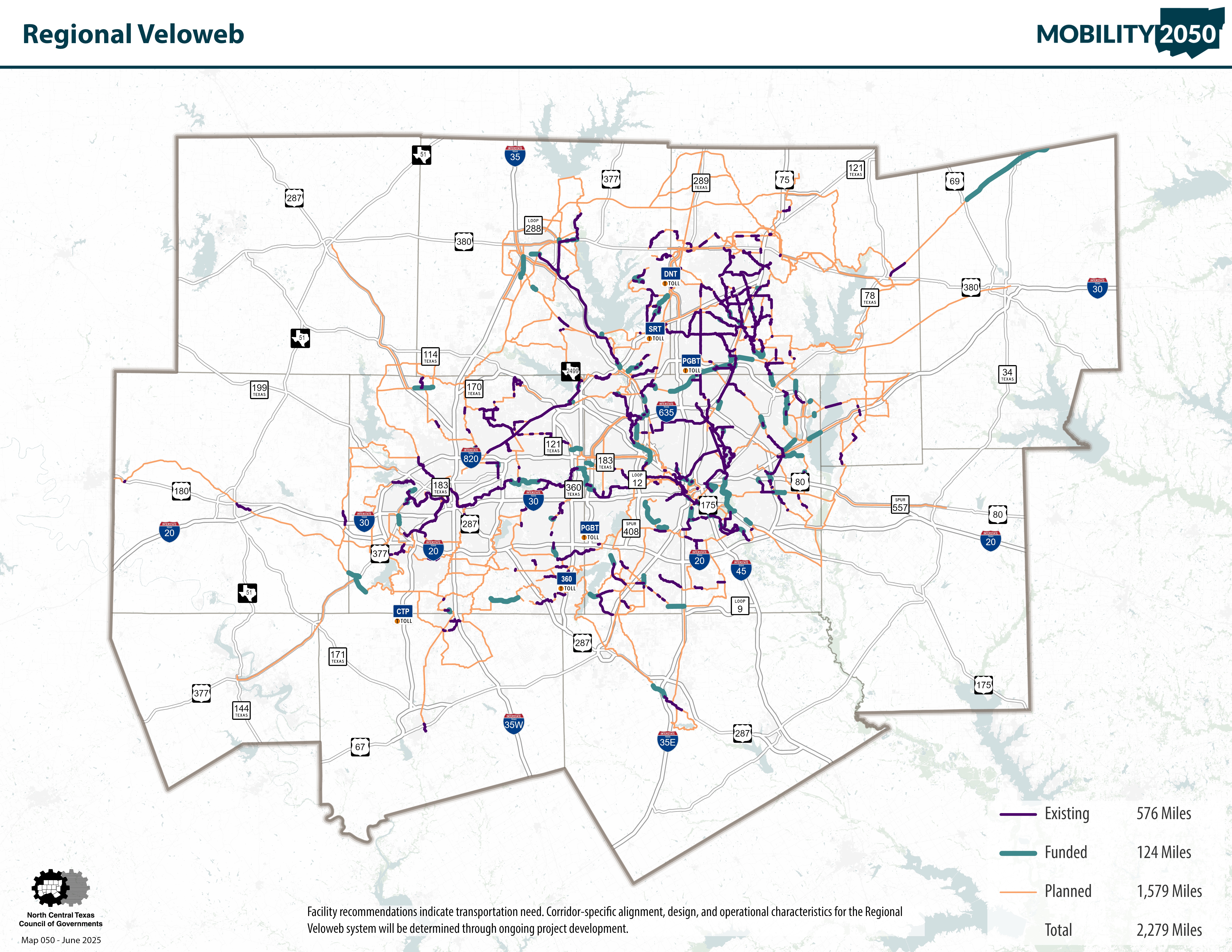 A projection of the 2050 regional veloweb map of the North Central Texas region.