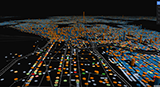 A 3D perspective data visualization mapping a dense urban area with thousands of small orange and blue vertical bars over a black background, simulating a digital city skyline.
