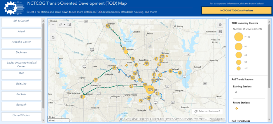 Screenshot of the NCTCOG Transit-Oriented Development (TOD) Map interactive dashboard. The interface features a central regional map of the Dallas-Fort Worth metroplex displaying rail transit lines, existing and future stations, and yellow proportional circles representing TOD inventory clusters. A left-hand sidebar lists individual station names for selection, and a right-hand sidebar provides a legend for number of developments and station types. This image a link that opens an mapping application.
